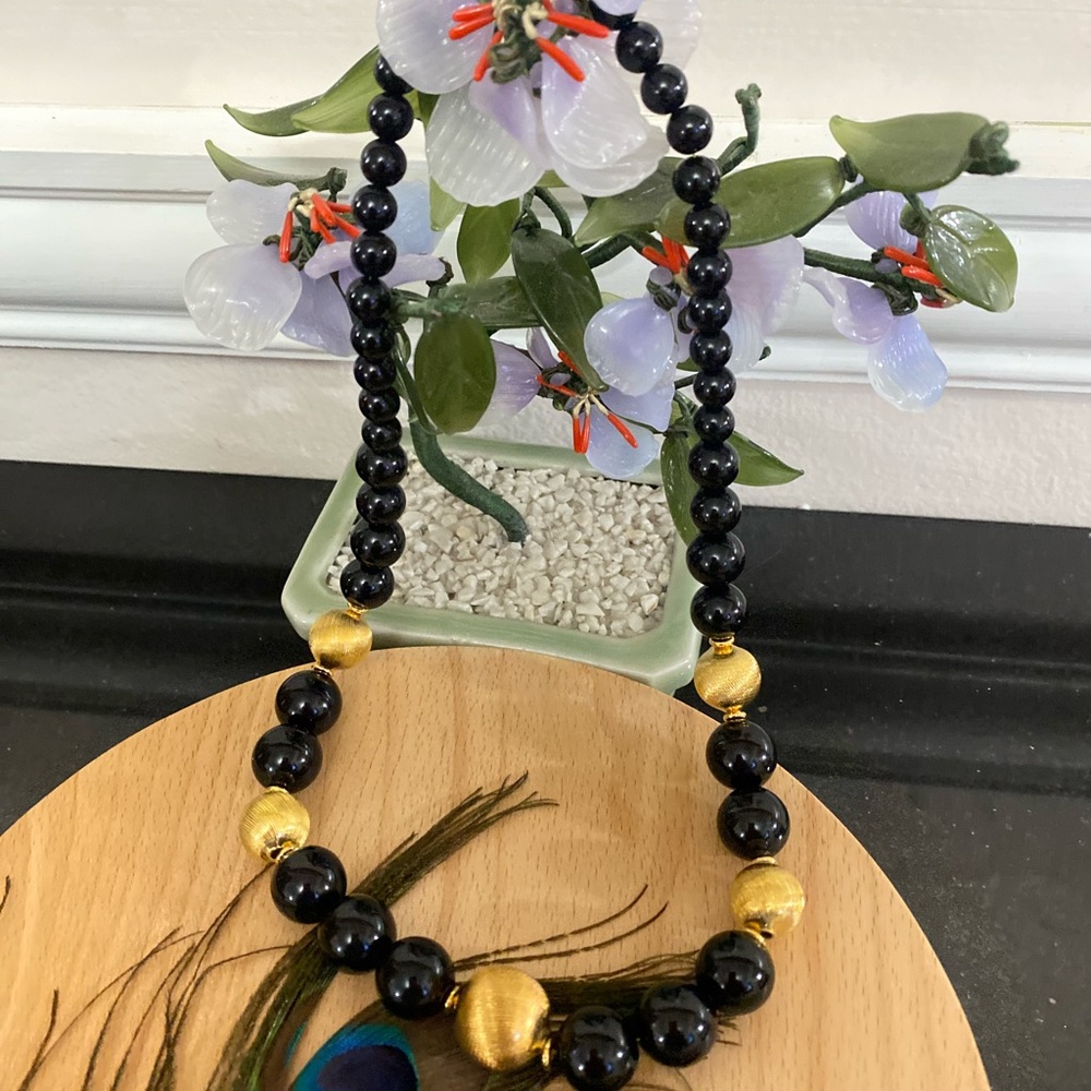 Vintage Black Onyx & Gold Beaded Necklace
